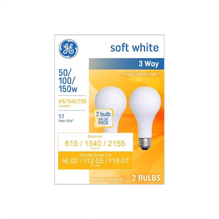Current 50/100/150 W A21 Three Way Bulb Decorative Incandescent Bulb E26 (Medium) Soft White , 2PK 97763